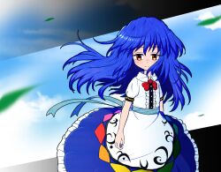  1girl apron astu_penguin back_bow blue_bow blue_hair blue_sash blue_skirt blue_sky bow bowtie buttons center_frills circle_skirt closed_mouth cloud collared_shirt commentary_request cowboy_shot day diao_ye_zong frilled_skirt frills highres hinanawi_tenshi light_blush light_frown long_hair looking_at_viewer no_headwear outdoors puffy_short_sleeves puffy_sleeves rainbow_gradient red_bow red_bowtie sash shide shirt short_sleeves skirt sky solo touhou waist_apron waist_sash white_apron white_shirt white_sleeves wind yellow_eyes 