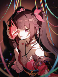  1girl absurdres bare_shoulders bell black_choker black_sash breasts brown_gloves brown_hair chest_tattoo choker cleavage criss-cross_halter floral_print_kimono flower_tattoo fox_mask gloves hair_bell hair_ornament halterneck highres holding holding_mask honkai:_star_rail honkai_(series) japanese_clothes kimono looking_at_viewer luthiexxx mask neck_bell o-ring obi pink_eyes red_kimono red_sleeves sash short_sleeves sidelocks single_glove sleeveless sleeveless_kimono solo sparkle_(honkai:_star_rail) streamers tattoo tongue tongue_out twintails upper_body 