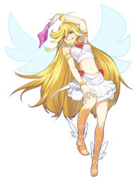 :p ahoge ankle_lace-up armband blonde_hair bow bow_panties choker cross-laced_footwear earrings fingernails green_eyes heart highres holding holding_panties holding_underwear jewelry legs long_hair lots_of_jewelry midriff nail_polish navel panties panty_&amp;_stocking_with_garterbelt panty_(psg) pink_panties pixiv_sample resized ring sandals shirabi_(life-is-free) shoes simple_background skirt solo tongue tongue_out underwear very_long_hair winged_shoes wings