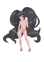  1girl absurdres artist_request ashley_(warioware) big_hair bikini black_hair blush cameltoe collarbone embarrassed feet female_focus flat_chest full_body hair_between_eyes highres loli long_hair looking_to_the_side navel nintendo red_eyes sandals simple_background solo standing stomach sweat swimsuit toes twintails untied_bikini very_long_hair warioware white_background white_bikini  rating:Questionable score:40 user:ImWastingMyLife