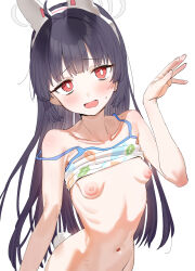  1girl absurdres animal_ears bikini bikini_top_lift black_hair blue_archive blush breasts bright_pupils clothes_lift emaciated fake_animal_ears fake_tail grey_halo halo highres leaf_print long_hair miyu_(blue_archive) miyu_(swimsuit)_(blue_archive) navel nipples open_mouth print_bikini rabbit_ears rabbit_tail red_eyes ribs simple_background skinny small_breasts solo subachi swimsuit tail white_background white_pupils 
