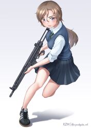  1girl absurdres adidas artist_name battle_rifle black_footwear black_skirt blue_eyes blue_skirt blue_sweater_vest blush breasts brown_hair collared_shirt commentary_request dress_shirt frown full_body gradient_background green_necktie grey_background gun h&amp;k_g3 hair_between_eyes highres holding holding_gun holding_weapon kzm_(sub-moa_works) leaning_to_the_side leg_up long_hair long_sleeves looking_at_viewer medium_breasts miniskirt necktie no_socks open_mouth original parted_bangs pleated_skirt purple_eyes rifle running school_uniform shadow shirt shoes skirt sleeves_rolled_up sneakers solo standing standing_on_one_leg sweater_vest twitter_username very_long_hair weapon white_background white_shirt wing_collar 