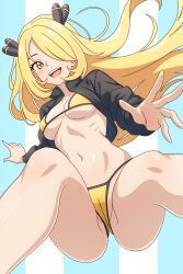  1girl asairosora bikini bikini_under_clothes black_jacket blonde_hair breasts cameltoe cleft_of_venus collared_jacket creatures_(company) crotch cynthia_(pokemon) floating_hair foreshortening game_freak groin hair_ornament hair_over_one_eye highres jacket light_blush long_hair long_sleeves looking_at_viewer m_legs medium_breasts navel nintendo open_clothes open_jacket open_mouth outstretched_hand pokemon pokemon_dppt ribs smile solo spread_fingers stomach straight-on swimsuit twisted_torso unaligned_breasts very_long_hair yellow_bikini yellow_eyes  rating:Questionable score:27 user:danbooru