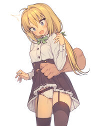  1boy 1girl assisted_exposure black_skirt black_thighhighs blonde_hair blue_eyes blush breasts buttons cameltoe cleft_of_venus clothes_lift collared_shirt commentary cowboy_shot cowlick disembodied_limb dot_nose dress_shirt everyntrge garter_straps green_ribbon hair_between_eyes hair_intakes hair_ribbon high-waist_skirt long_hair long_sleeves looking_down open_mouth original paid_reward_available panties pantyshot ribbon shirt sidelocks simple_background skirt skirt_lift small_breasts solo_focus surprised sweatdrop thighhighs underwear white_background white_panties white_shirt 