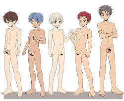  5boys bar_censor censored child collarbone comparison completely_nude fanbox_reward flacid foreskin lineup looking_at_viewer male_focus multiple_boys muscular muscular_male navel nipples nude open_mouth original paid_reward paid_reward_available pale_skin penis pubic_hair rukiruki shota size_comparison size_difference smile teenage_boy testicles waving 