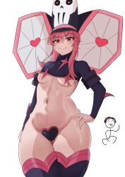  1girl artist_request black_thighhighs breasts cropped_shirt from_behind from_side grin hair_between_eyes hair_up hat heart heart_pasties jakuzure_nonon jakuzure_nonon_(symphony_regalia) kill_la_kill long_sleeves looking_at_viewer medium_breasts pasties pink_eyes pink_hair pink_shirt pink_thighhighs revealing_clothes shako_cap shirt sideboob sidelocks simple_background smile speaker strapless_bottom thighhighs white_background wide_hips 
