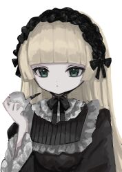  1girl black_dress black_hairband black_ribbon blonde_hair blunt_bangs closed_mouth dress frilled_dress frills gosick gothic_lolita green_eyes hairband hand_up highres holding holding_smoking_pipe lolita_fashion lolita_hairband long_hair long_sleeves looking_at_viewer ribbon shiona_(siona0625) simple_background smoking_pipe solo straight_hair upper_body victorica_de_blois white_background 