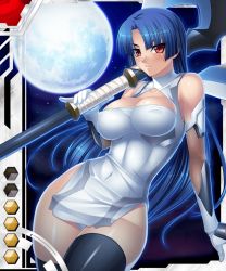  00s 1girl blue_hair blunt_bangs breasts card_(medium) card_(red-sr) card_(sr) cleavage covered_erect_nipples female_focus fishnets gloves holding kagami_hirotaka large_breasts long_hair looking_at_viewer moon night red_eyes solo taimanin_(series) taimanin_asagi taimanin_asagi_battle_arena_all_card_gallery taimanin_asagi_kessen_arena taimanin_murasaki thighhighs very_long_hair weapon yatsu_murasaki  rating:Questionable score:69 user:wathieun