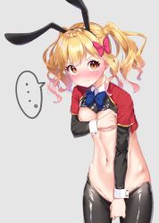  ... 1girl aikatsu!_(series) aikatsu_stars! animal_ears bad_id bad_pixiv_id black_hairband black_legwear blonde_hair blue_bow blue_bowtie blush bow bowtie breast_hold breasts brown_eyes collared_shirt commentary_request covering_privates covering_breasts fake_animal_ears grey_background hair_bow hairband k_mugura layered_sleeves long_hair long_sleeves medium_breasts meme_attire navel nijino_yume nose_blush rabbit_ears red_bow reverse_bunnysuit reverse_outfit shirt short_over_long_sleeves short_sleeves shrug_(clothing) solo spoken_ellipsis spread_legs tears twintails v-shaped_eyebrows white_shirt  rating:Questionable score:21 user:danbooru