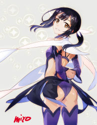  1girl arms_behind_back artist_name ass bare_shoulders black_hair breasts brown_eyes cowboy_shot detached_sleeves fate/kaleid_liner_prisma_illya fate_(series) from_behind grey_background hair_ornament hairclip highres leotard long_hair long_sleeves looking_at_viewer looking_back miyo_(13th_floor) miyu_edelfelt parted_lips purple_leotard purple_thighhighs revealing_clothes sidelocks small_breasts smile solo sparkle_background thighhighs twintails x_hair_ornament  rating:Sensitive score:7 user:danbooru