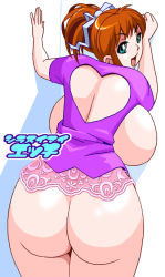  against_wall ass blonde_hair blue_eyes bow breasts curvy from_behind heart huge_ass huge_breasts jyubei looking_back open_mouth red_hair sideboob solo thick_thighs thighs  rating:Questionable score:47 user:TheUndertaker