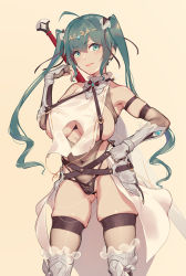1girl :d aqua_eyes aqua_hair armor bare_shoulders blush breasts caisan circlet cowboy_shot earrings elbow_gloves facing_viewer fingerless_gloves gauntlets gloves gluteal_fold greaves hand_on_own_hip jewelry large_breasts looking_at_viewer navel no_bra open_mouth original revealing_clothes see-through sideboob skindentation smile solo standing sword twintails weapon rating:Sensitive score:115 user:danbooru