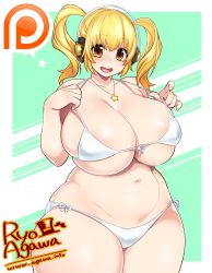 1girl agawa_ryou artist_name bikini blonde_hair blush breasts brown_eyes cleavage curvy highres huge_breasts jewelry looking_at_viewer micro_bikini navel necklace nitroplus open_mouth plump smile solo standing stomach super_pochaco swimsuit thick_thighs thighs twintails watermark web_address wide_hips rating:Questionable score:129 user:leejunne