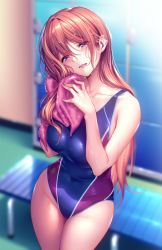  1girl bare_shoulders breasts collarbone commentary_request competition_swimsuit covered_navel hanikami_kanojo highleg highleg_swimsuit highres holding kurumi_shinoha long_hair medium_breasts one-piece_swimsuit piromizu simple_background solo swimsuit towel  rating:Sensitive score:31 user:danbooru