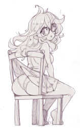  1girl :o absurdres ass breasts chair clothes_lift cowboy_western curly_hair embarrassed glasses highres kaz_asteri large_breasts parororo sitting sketch skirt skirt_lift thighs  rating:Questionable score:25 user:Bipedoperv