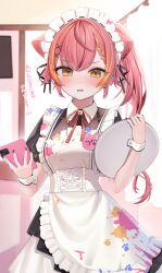  0707_una 1girl absurdres alternate_costume alternate_hairstyle animal_ears apron black_dress black_nails blurry blurry_background blush braid braided_bangs cat_ears commentary_request dress enmaided fingernails frilled_apron frills hair_ornament highres holding holding_phone holding_tray long_hair looking_at_viewer maid maid_day maid_headdress multicolored_hair nail_polish nekota_tsuna nekota_tsuna_(1st_costume) open_mouth orange_hair paint_splatter phone puffy_short_sleeves puffy_sleeves red_hair short_sleeves side_ponytail solo streaked_hair translation_request tray v-shaped_eyebrows virtual_youtuber vspo! white_apron white_headdress white_wrist_cuffs wrist_cuffs x_hair_ornament yellow_eyes  rating:Sensitive score:1 user:danbooru