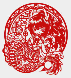  1boy chinese_clothes claws cloud dao_fu dragon_boy dragon_horns faux_traditional_media flaw_eight flower hanfu heterochromia high_ponytail hong_lu_(project_moon) horns lattice limbus_company long_hair looking_at_viewer male_focus monochrome paper_cutout_(medium) project_moon red_theme solo tail tassel taur very_long_hair wide_sleeves 
