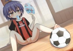 1girl ahoge anus ball blue_hair blush bottomless brown_eyes censored cleft_of_venus dutch_angle female_focus food highres loli mouth_hold original popsicle pussy shadow short_hair sitting soccer_ball soccer_uniform solo sportswear tai_ichi tomboy rating:Explicit score:152 user:Dweenie