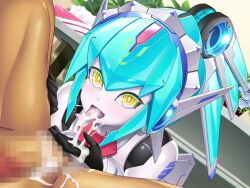  1boy 1girl after_fellatio android aqua_hair armor arnetes asahi breasts censored colored_skin cum cum_in_mouth cum_overflow detached_collar erection fellatio game_cg hetero high_ponytail huge_breasts impossible_clothes interspecies joints lilith-soft long_hair long_tongue looking_at_another mecha_musume mechanical_arms mechanical_hair nude oral penis ponytail robot_girl robot_joints saliva smile taimanin_(series) taimanin_rpgx tongue white_skin wide_hips yellow_eyes 