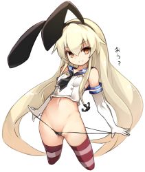 1girl alternate_eye_color animal_ears bare_shoulders black_neckerchief black_panties blonde_hair blue_sailor_collar breasts buttons cameltoe cleft_of_venus crop_top double-breasted elbow_gloves fake_animal_ears gloves grin hair_between_eyes hairband highleg highleg_panties kantai_collection karukan_(monjya) leaning_back legs_apart lifting_own_clothes loli long_hair navel neckerchief no_pants orange_eyes panties panty_lift rabbit_ears sailor_collar shimakaze_(kancolle) sidelocks simple_background small_breasts smile smug solo standing stomach string_panties striped_clothes striped_thighhighs teeth thighhighs thighs thong underwear very_long_hair white_background white_gloves rating:Questionable score:80 user:danbooru