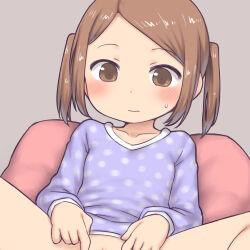  1girl aaaa_(quad-a) blush bottomless brown_eyes brown_hair censored collarbone flat_chest grey_background highres loli long_hair long_sleeves looking_at_viewer lying out-of-frame_censoring pillow polka_dot polka_dot_shirt purple_shirt pussy pussy_peek shirt spread_pussy sweat twintails 