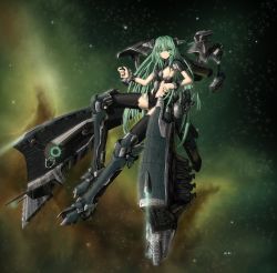 1girl absurdres armor armored_boots armpits battleship battleship_(eve_online) black_thighhighs boots breasts bright_pupils cannon dot_nose energy_cannon eve_online full_body gallente_federation_(eve_online) glowing green_armor green_eyes green_footwear green_hair green_legwear green_pupils green_theme hand_up headgear highres knee_boots long_hair long_legs looking_at_viewer machinery mcrc_science mecha_musume medium_breasts megathron_(eve_online) military military_vehicle nebula original outdoors personification science_fiction ship shoulder_armor sideboob sky slit_pupils smile solo space space_ship spaceship star_(sky) starry_sky thighhighs thighs thrusters translation_request turret very_long_hair warship watercraft 