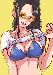  1girl aosora2823 bikini bikini_top_only bikini_under_clothes black_hair blue_bikini blush breasts cleavage clothes_lift collarbone commentary earrings english_commentary eyelashes forehead frilled_sleeves frills halterneck head_tilt highres jewelry large_breasts lifted_by_self long_hair looking_at_viewer nico_robin one_piece one_piece_film:_gold open_mouth parted_bangs ponytail shirt shirt_lift short_sleeves simple_background smile solo swimsuit tinted_eyewear upper_body wavy_hair white_shirt yellow-tinted_eyewear yellow_background  rating:Sensitive score:44 user:danbooru