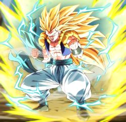  1boy abs aged_up aqua_eyes aura blonde_hair dragon_ball electricity gotenks grin hand_on_own_hip looking_at_viewer male_focus metamoran_vest muscular muscular_male no_eyebrows open_mouth pointing pointing_at_viewer rom_(20) sash smile solo spiked_hair super_saiyan super_saiyan_3 
