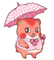  1girl animal_crossing apple_(animal_crossing) looking_at_viewer nintendo pink_shirt pink_umbrella shirt simple_background standing teddy_cottell transparent_background umbrella 