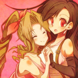  1990s_(style) 2girls :o aerith_gainsborough atom0120 atom_(@tom) bad_id bad_pixiv_id black_gloves black_hair blush bow brown_hair closed_eyes dress earrings elbow_gloves female_focus final_fantasy final_fantasy_vii gloves happy holding_hands jewelry long_hair multiple_girls open_mouth pink_bow ponytail red_eyes red_ribbon retro_artstyle ribbon simple_background smile suspenders tank_top tifa_lockhart 