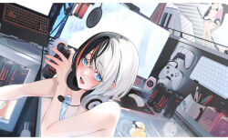  1girl absurdres bikini black_bikini black_hair blue_eyes blush brand_name_imitation can commentary_request controller deal_with_it_(meme) energy_drink figure game_controller headphones headphones_around_neck headset highres holding holding_can keyboard_(computer) looking_at_viewer meme microphone monitor monster_energy mouse_(computer) mousepad_(object) multicolored_hair nude open_mouth orange_hair original partially_submerged refrigerator rerrere rubber_duck solo streaked_hair swimsuit two-tone_hair wet white_hair 