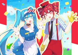  2girls apron black_choker black_necktie blue_dress blue_hair bow buttons chio_(akiciou) choker collared_shirt commentary confetti diagonal-striped_bow double-breasted dress drill_hair frilled_apron frills gloves hair_intakes hand_up hands_up hat hatsune_miku highres kasane_teto long_hair mesmerizer_(vocaloid) multiple_girls necktie open_mouth pants puffy_short_sleeves puffy_sleeves red_eyes red_hair red_hat red_pants shirt short_sleeves smile sparkling_eyes striped_clothes striped_dress striped_shirt suspenders twin_drills twintails utau vertical-striped_clothes vertical-striped_dress vertical-striped_shirt visor_cap vocaloid waist_apron waitress white_apron white_shirt white_wrist_cuffs wrist_cuffs yellow_gloves 