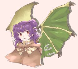  1girl bead_necklace beads brown_capelet capelet circlet dragon_girl dragon_wings female_focus fire_emblem fire_emblem:_the_sacred_stones fire_emblem_heroes fuyuno02 gold_trim green_wings hair_ornament hair_tie head_tilt highres hood jewelry long_hair looking_at_viewer multi-tied_hair myrrh_(fire_emblem) necklace nintendo official_alternate_costume open_mouth pale_skin purple_hair red_eyes smile solo twintails upper_body veil white_background wings wristband yellow_wings 