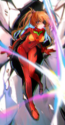  1girl absurdres artist_request blue_eyes blurry bodysuit breasts cowboy_shot gloves hair_between_eyes highres long_hair looking_at_viewer looking_to_the_side neon_genesis_evangelion pilot_suit plugsuit red_bodysuit shiny_clothes solo souryuu_asuka_langley turtleneck two_side_up vehicle_interior wide_hips 