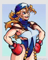  1girl artist_name blonde_hair blue_eyes boxing_gloves breasts capcom covered_navel drill_hair hands_on_own_hips highres justice_gakuen large_breasts legs leotard long_hair one_eye_closed open_mouth sideboob smile solo thighs tiffany_lords toned underboob wink 