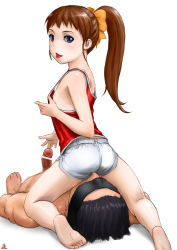 1boy 1girl ass barefoot blindfold blue_eyes brown_hair censored clothed_female_nude_male erection feet femdom flat_chest loli looking_at_viewer looking_back naughty_face no_bra nude penis ponytail renko_(gayosiz) short_shorts shorts simple_background sitting sitting_on_face sitting_on_person soles tank_top tongue rating:Explicit score:110 user:danbooru