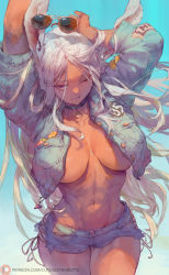 1girl abs animal_ears areola_slip arms_up boku_no_hero_academia breasts breasts_apart carrot_pin choker collarbone cowboy_shot cropped_jacket cross-laced_clothes cross-laced_shorts cutesexyrobutts dark-skinned_female dark_skin unworn_eyewear glasses highres holding holding_removed_eyewear large_breasts long_hair looking_at_viewer mirko muscular muscular_female no_bra one_eye_closed opaque_glasses rabbit_ears rabbit_girl red_eyes short_shorts shorts smirk solo thighs unbuttoned_jacket very_long_hair white_hair rating:Questionable score:129 user:danbooru