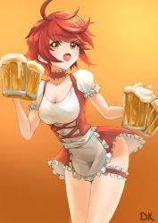  1girl ahoge alcohol bare_legs beer beer_mug breasts choker cleavage clothes_lift collarbone cowboy_shot cross-laced_clothes cup deekei dirndl dress fire_emblem fire_emblem_fates fire_emblem_heroes frilled_choker frilled_dress frills german_clothes gradient_background highres hinoka_(fire_emblem) leaning_forward looking_at_viewer medium_breasts mug nintendo oktoberfest open_mouth orange_eyes puffy_sleeves red_hair scoop_neck short_dress short_hair short_sleeves signature skirt skirt_lift solo thigh_strap thighs  rating:Sensitive score:37 user:danbooru