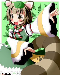  1girl :3 animal_ears blush brown_hair female_focus leaf raccoon_ears raccoon_tail roku_(touhou) solo standing tail tanuki touhou 