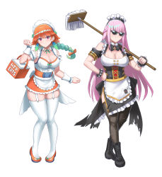  2girls absurdres alternate_costume aqua_hair bare_shoulders basket black_footwear black_legwear boots braid breasts burnt_green_tea cleavage clothing_cutout commentary cross-laced_footwear crown_braid english_commentary enmaided full_body garter_straps hair_between_eyes hand_on_own_hip highres hololive hololive_english long_hair looking_at_viewer maid maid_headdress meimu mop mori_calliope multicolored_hair multiple_girls orange_footwear orange_hair pigeon-toed pink_hair shoes shoulder_cutout simple_background smile smirk sunglasses takanashi_kiara thighhighs very_long_hair virtual_youtuber white_background white_garter_straps white_thighhighs wrist_cuffs 