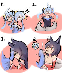 ! !! 2girls :3 @_@ ahri_(league_of_legends) animal_ears aqua_hair bare_shoulders black_hair blue_eyes blush breasts bulge cleavage comic drooling erection erection_under_clothes fellatio_over_clothes fox_ears fox_tail futa_with_female futanari handjob handjob_over_clothes hands_on_own_face heart highres large_breasts league_of_legends licking long_hair motion_blur multiple_girls nanquan_zhanglang no_panties open_mouth penis_grab saliva smile sona_(league_of_legends) standing surprised tail tears tongue tongue_out trembling twintails twitching twitching_penis yellow_eyes rating:Explicit score:100 user:Qwertyuiop999