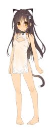 1girl animal_ears bare_legs barefoot black_hair blush breasts cat_ears cat_tail china_dress chinese_clothes choker cleavage_cutout closed_mouth clothing_cutout covered_navel dress flower gluteal_fold hair_flower hair_ornament highres long_hair looking_at_viewer nipples original see-through short_dress side_slit simple_background small_breasts solo standing tail wavy_mouth white_background white_dress yanagi_yuu yellow_eyes rating:Questionable score:32 user:danbooru