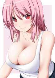 1girl bare_arms bare_shoulders blush border breasts cleavage collarbone commentary_request covered_erect_nipples hair_between_eyes highres large_breasts looking_at_viewer no_headwear nori_tamago outside_border pink_background pink_hair red_eyes saigyouji_yuyuko shirt short_hair simple_background smile solo sweat tank_top touhou upper_body white_border white_shirt rating:Sensitive score:26 user:danbooru