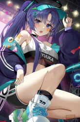  1girl absurdres aqua_nails badge bike_shorts blue_archive breasts button_badge earrings gonggo highres hoop_earrings jewelry nail_polish ponytail purple_eyes purple_hair red_pupils solo stage star_sticker thighs underboob visor_cap yuuka_(blue_archive) 