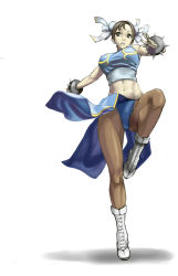  1girl abs adapted_costume bare_shoulders bombomb25 bracelet breasts brown_eyes brown_hair bun_cover capcom china_dress chinese_clothes chun-li double_bun dress fighting_stance highres jewelry leg_up midriff pantyhose pelvic_curtain solo spiked_bracelet spikes street_fighter 