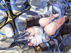  1girl absurdres alsace_(azur_lane) armored_boots armpits arms_up azur_lane between_breasts black_footwear black_gauntlets black_thighhighs black_tiara blue_hair blue_ribbon boots bound bound_wrists breast_strap breasts cleavage copyright_name covered_eyes covered_navel cross dress gauntlets halo high_heel_boots high_heels highres huge_breasts large_breasts logo long_hair looking_at_viewer masked official_art open_mouth parted_bangs parted_lips ribbon second-party_source short_dress sitting skindentation solo thighhighs tiara very_long_hair weapon white_dress wings  rating:Sensitive score:39 user:danbooru