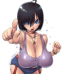 1girl ahoge amania_orz armpits black_hair blue_eyes blush bracelet breasts choker cleavage dated denim denim_shorts foreshortening garter_belt garter_straps hair_over_one_eye hanging_breasts huge_breasts jewelry leaning_forward looking_at_viewer necklace open_mouth pointing pointing_at_viewer short_hair short_shorts shorts solo tank_top rating:Sensitive score:135 user:danbooru