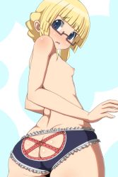  1girl adele_balfetto ass ass_cutout blonde_hair blue_eyes blush breasts butt_crack clothing_cutout flat_chest from_below glasses grey-framed_glasses highres kyoukaisenjou_no_horizon looking_back nipples open_mouth panties semi-rimless_eyewear small_breasts solo sueyuu topless under-rim_eyewear underwear wide_hips  rating:Questionable score:131 user:BlueBaroness