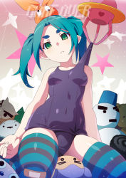 1girl aqua_hair blue_one-piece_swimsuit breasts claws covered_navel gesugesu_ahoaho green_eyes hat long_hair looking_at_viewer monogatari_(series) nisemonogatari one-piece_swimsuit ononoki_yotsugi parted_lips pointy_ears school_swimsuit sitting small_breasts solo striped_clothes striped_thighhighs stuffed_toy swimsuit thick_eyebrows thighhighs twintails rating:Sensitive score:156 user:danbooru