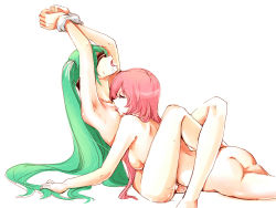 2girls armpits arms_up ass bdsm blindfold bondage bound bound_wrists closed_eyes funkid green_hair hatsune_miku highres leg_lock licking long_hair megurine_luka multiple_girls nude open_mouth restrained saliva simple_background very_long_hair vocaloid white_background yuri rating:Explicit score:107 user:danbooru